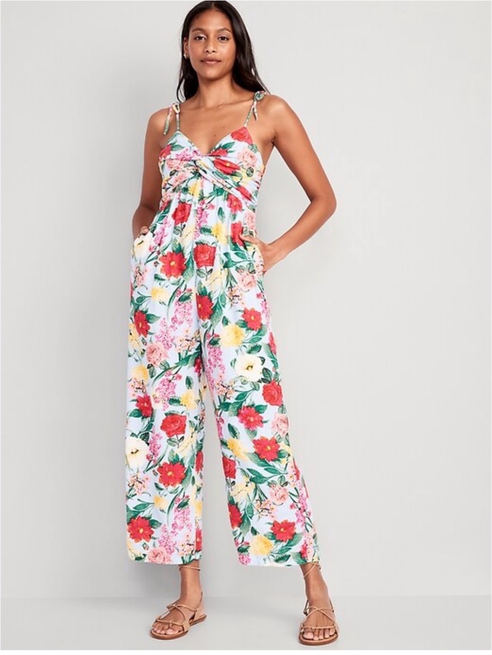 Old Navy White Floral Tie-Front Wide-Leg Jumpsuit with Red & Yellow Blooms